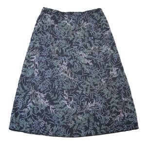 Vtg 80s 90s Midi Skirt 14W Navy Botanical A-Line Elastic Waist Dark Cottage Boho